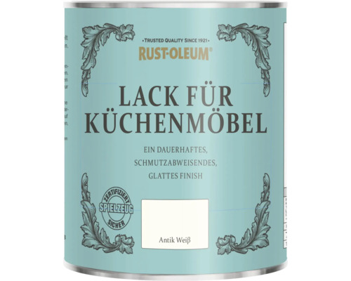 Rust-Oleum Lack für Küchenmöbel in Antik Weiß, zertifiziert spielzeugsicher, für ein dauerhaftes und schmutzabweisendes glattes Finish.