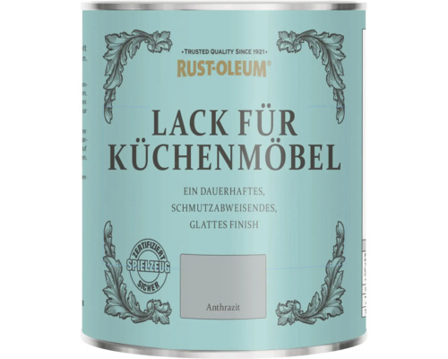 Peinture Rust-Oleum pour meubles de cuisine en anthracite, Rust-Oleum Logo, certifiée sans danger pour les jouets, finition lisse et antisalissure.