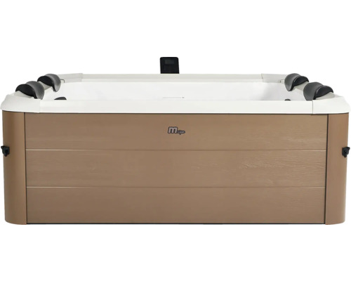 Spa MSpa rectangulaire avec habillage aspect bois, cuve intérieure blanche et appuie-tête noirs.