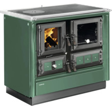 Cuisinière à bois Justus vert foncé avec fenêtre pour le foyer et le four et plaque de cuisson.