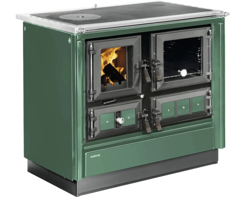 Cuisinière à bois Justus vert foncé avec fenêtre pour le foyer et le four et plaque de cuisson.