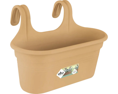 Jardinière de balcon Elho en plastique avec crochets intégrés pour fixation sur une balustrade.