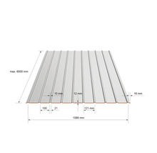 Tôle trapézoïdale avec dimensions. Largeur 1089 millimètres, longueur maximale 6000 millimètres, hauteur de profil 12 millimètres.
