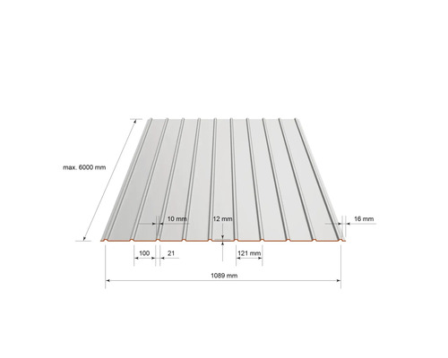 Tôle trapézoïdale avec dimensions. Largeur 1089 millimètres, longueur maximale 6000 millimètres, hauteur de profil 12 millimètres.