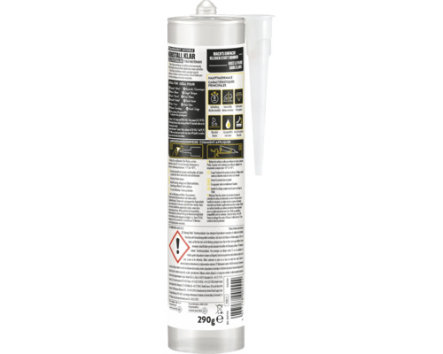 Dos de la cartouche Pattex Osez le faire sans clous Cristal Clair 290 grammes avec instructions d'utilisation et détails techniques.