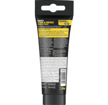 Vue arrière d'un tube de 250 grammes de colle de montage Pattex Solide et Facile avec informations sur le produit et mode d'emploi.