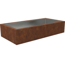 Jardinière rectangulaire en métal avec surface rouillée et intérieur argenté.