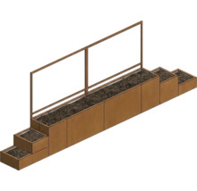 Modulares Hochbeet mit Windschutz aus Glas und abgestuften Pflanzkästen in Rostoptik.