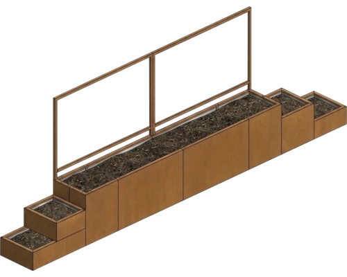 Modulares Hochbeet mit Windschutz aus Glas und abgestuften Pflanzkästen in Rostoptik.
