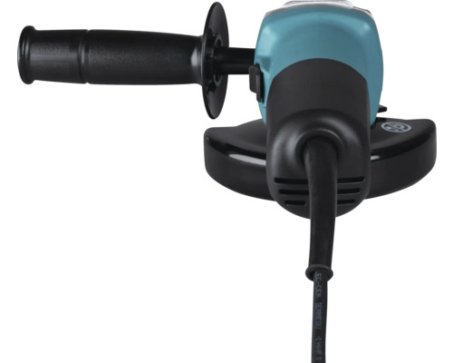 Winkelschleifer mit Seitengriff und Schutzhaube, Rückansicht.