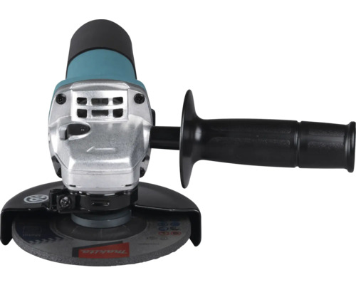 Winkelschleifer mit Getriebegehäuse aus Metall, Seitengriff und Schleifscheibe.
