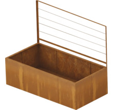 Jardinière surélevée en acier Corten avec treillis intégré pour plantes grimpantes.