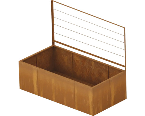 Jardinière surélevée en acier Corten avec treillis intégré pour plantes grimpantes.