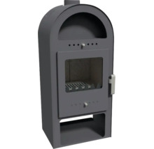 Poêle à bois en acier anthracite avec dessus arqué, compartiment chauffe-plats, vitre et compartiment à bois.