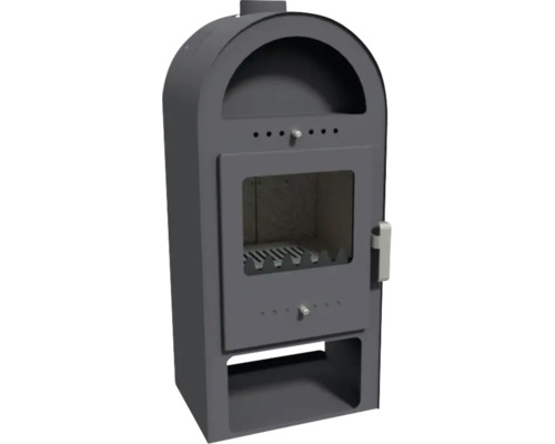 Poêle à bois en acier anthracite avec dessus arqué, compartiment chauffe-plats, vitre et compartiment à bois.