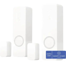 Zwei weiße Smart Home Tür- und Fenstersensoren mit Magneten und works with SMART HOME by hornbach Logo.