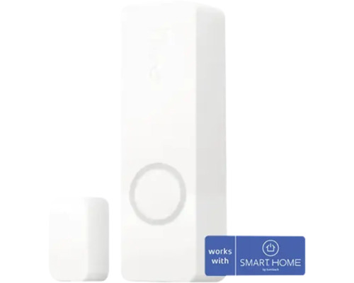Détecteur de porte et fenêtre blanc en deux parties avec le logo Smart Home by Hornbach.