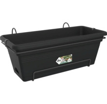 Jardinière de balcon rectangulaire noire en plastique avec support métallique et soucoupe intégrée.
