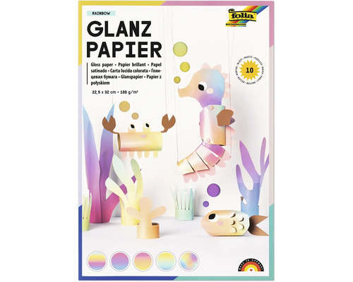 Papier brillant Folia Rainbow 10 feuilles 22,5 sur 32 centimètres 100 grammes par mètre carré pour le bricolage de figurines sous-marines.
