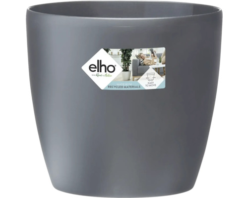 Pot de fleurs Elho en plastique recyclé, rond, gris. Elho Logo. Fabriqué à partir de matériaux recyclés. Facile à déplacer.