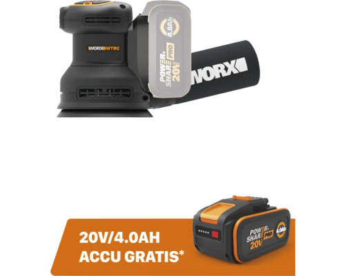 Worx Nitro Akku-Exzenterschleifer 20 Volt inklusive gratis 4,0 Amperestunden Akku.