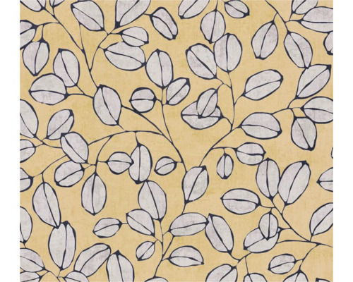 Papier peint avec un motif graphique de feuilles composé de branches et de feuilles ovales.