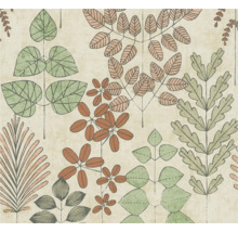 Tapete mit botanischem Muster aus verschiedenen stilisierten Blättern in Grün und Rotbraun.