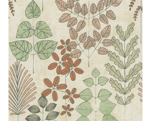 Tapete mit botanischem Muster aus verschiedenen stilisierten Blättern in Grün und Rotbraun.