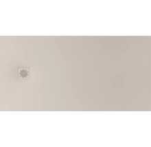 Rechteckige beige Duschwanne mit integriertem quadratischem Ablaufdeckel.