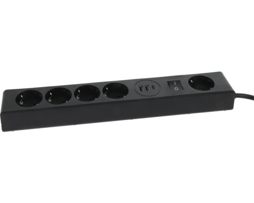 Multiprise 5 prises avec interrupteur, deux ports USB-A et un port USB-C en noir.
