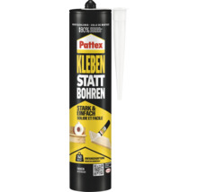 Colle de montage Pattex Kleben statt Bohren en cartouche pour intérieur, maintien immédiat 140 kilogrammes par mètre carré. Henkel Logo.