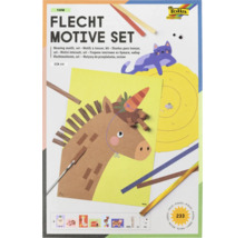 Kit de motifs à tresser Folia Farm avec 233 pièces pour enfants. Comprend des motifs en papier, des bandes à tresser et des yeux mobiles au format DIN A4.