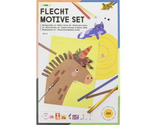 Kit de motifs à tresser Folia Farm avec 233 pièces pour enfants. Comprend des motifs en papier, des bandes à tresser et des yeux mobiles au format DIN A4.