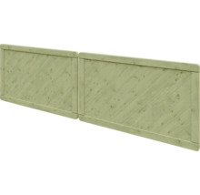 Panneau de clôture en bois avec lattes diagonales et cadre en bois.