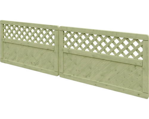 Zwei niedrige Sichtschutzelemente aus Holz mit diagonal angeordneten Brettern und einem integrierten Rankgitter oben.