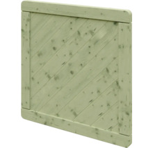 Portail en bois vert clair avec des lattes diagonales et un cadre.