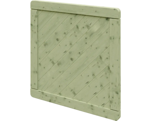 Portail en bois vert clair avec des lattes diagonales et un cadre.