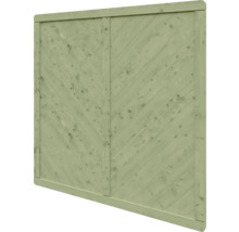 Panneau de clôture en bois imprégné avec lattes disposées en diagonale et cadre périphérique.