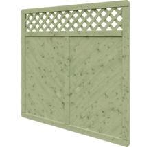 Panneau de clôture en bois vert avec lattes diagonales et treillis intégré sur le dessus.