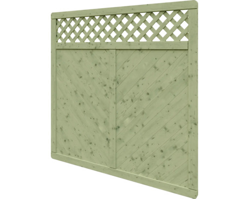 Panneau de clôture en bois vert avec lattes diagonales et treillis intégré sur le dessus.