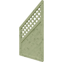 Panneau de clôture incliné en bois avec treillis et lattes diagonales en vert.