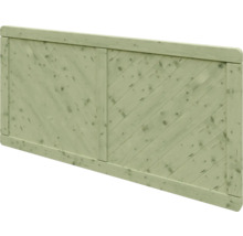 Panneau de clôture de jardin en bois vert clair avec lattes diagonales et cadre.