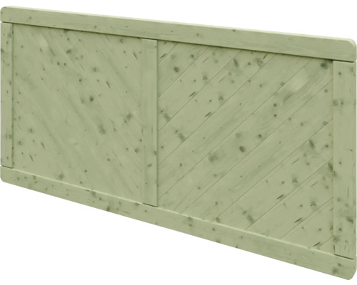 Panneau de clôture de jardin en bois vert clair avec lattes diagonales et cadre.