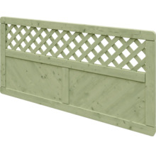 Sichtschutzzaun aus Holz mit integriertem Rankgitter im oberen Bereich und diagonal angeordneten Holzpaneelen unten.