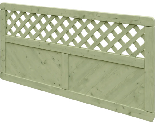 Sichtschutzzaun aus Holz mit integriertem Rankgitter im oberen Bereich und diagonal angeordneten Holzpaneelen unten.