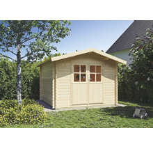 Abri de jardin en bois avec double porte et fenêtres, toit à deux pans, situé dans un jardin sur une pelouse à côté d'un arbre.