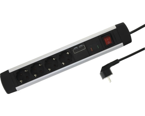 Multiprise avec 4 prises, 2 ports USB, interrupteur marche-arrêt et fiche coudée en noir et argenté.