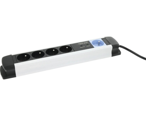 Bloc multiprise Master-Slave blanc avec 5 prises noires et bleues et voyant de contrôle.