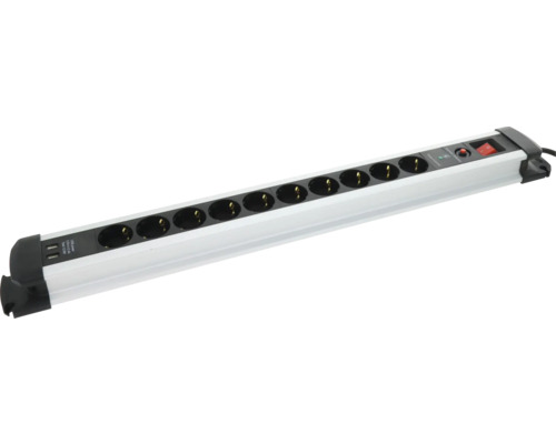 Multiprise en aluminium avec 10 prises, 2 ports USB, protection contre les surtensions et interrupteur éclairé.