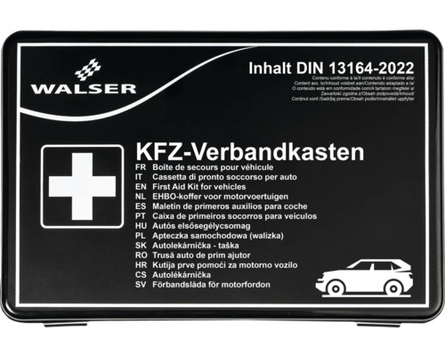 Kraftfahrzeug-Verbandkasten von Walser, Inhalt nach DIN 13164-2022, mit Erste-Hilfe-Kreuz und Auto-Symbol.